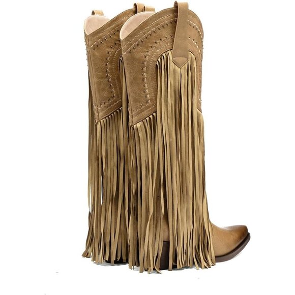 Women's Fashion Pointed Toe Chunky Pull On Knee High Heel Embroidered Tan Boot - Picture 3 of 8